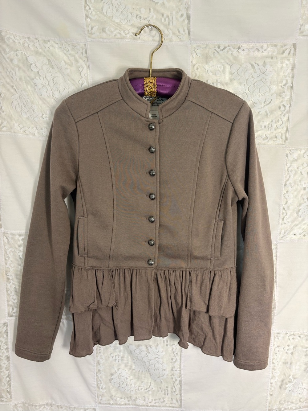 Taupe Brown Military Style Fitted Boho Babydoll Button Up Coatigan Size S-M